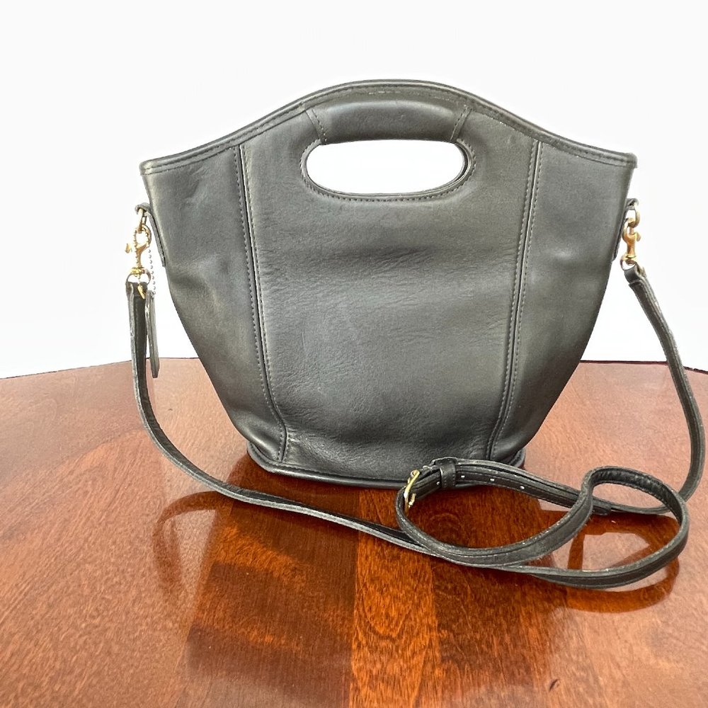Vtg Coach K6D-9993 Mini Shopper Bucket Tote Xbody Cut Out Handles Black Leather
